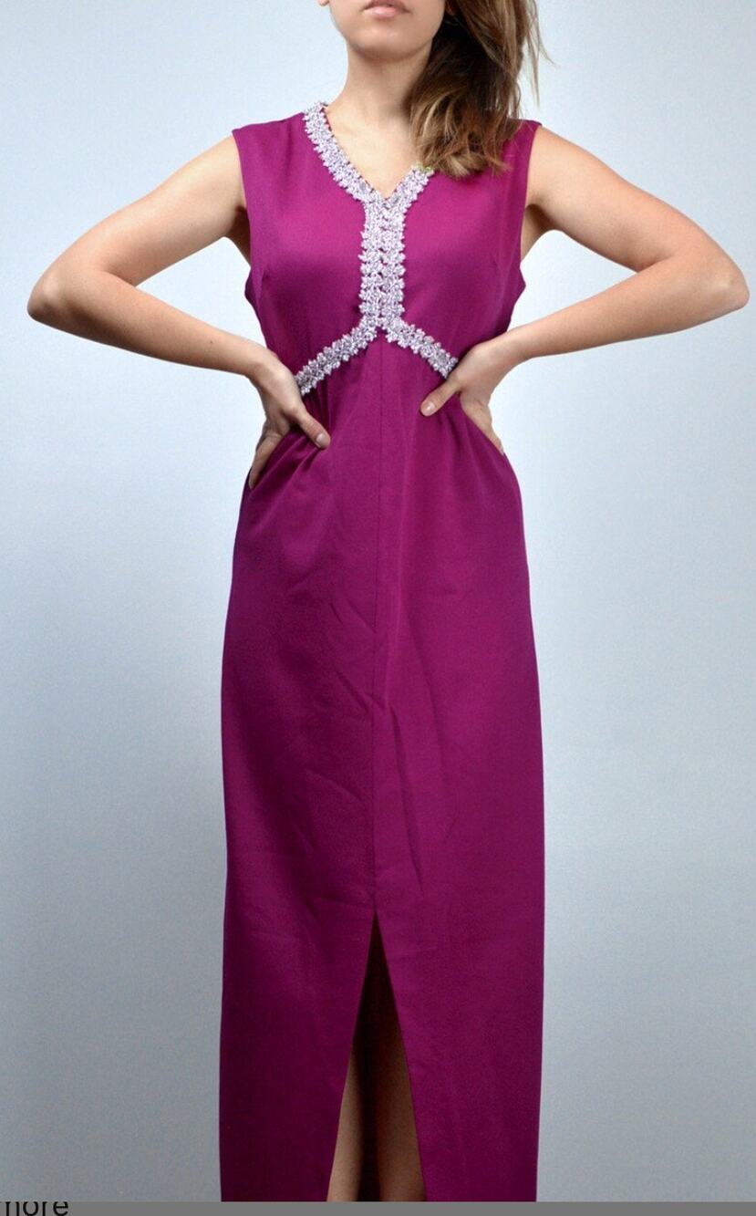 Vintage 70’s Fortrel Magenta Pink Maxi Silver Sequin Cocktai Dress Small Medium